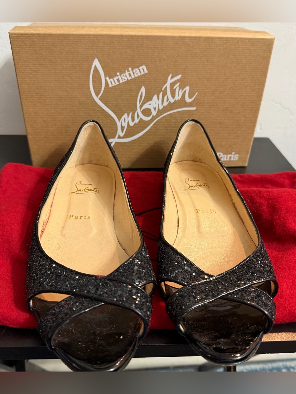 Christian Louboutin Black Glitter Open-Toe Flats